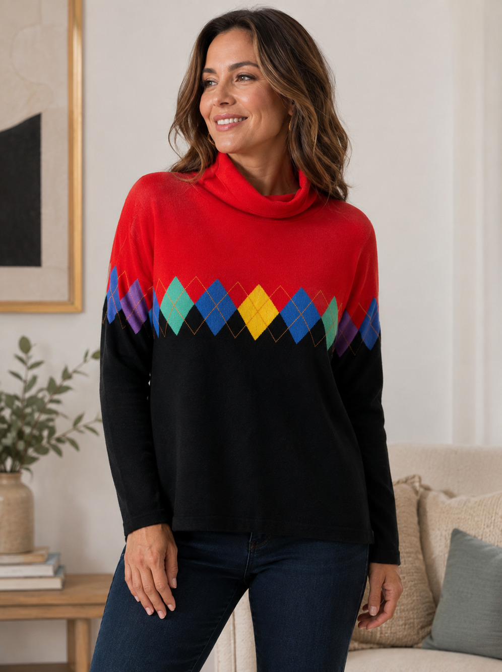 Jones New York Signature M Merino Wool Cashmere Angora Argyle Turtleneck Sweater